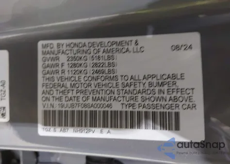 2025 Acura Tlx Type S из США, поврежденный, VIN 19UUB7F08SA000046